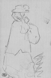 Femme de profil, avec mantelet et chapeau avec voile quelle noue sous son menton